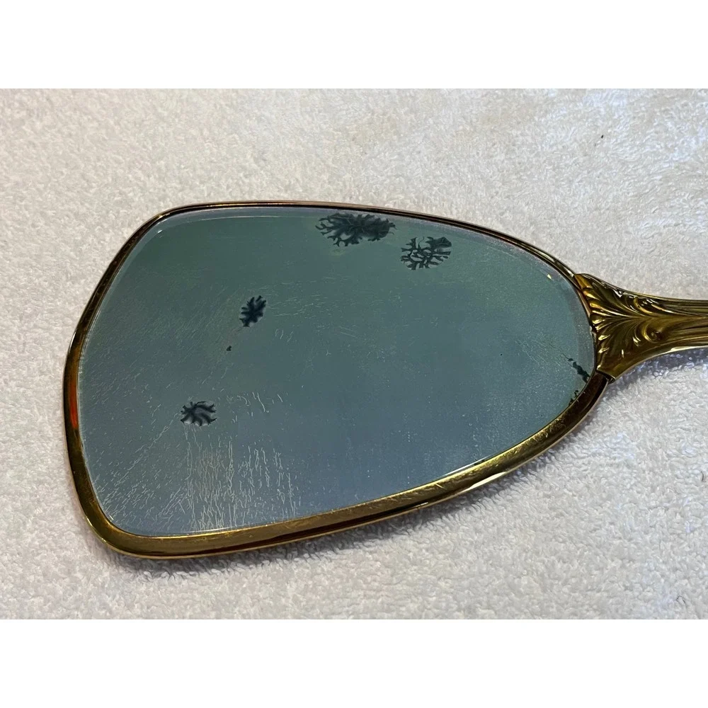 Vintage Art Deco Gold Tone Brass Hand Mirror Striped Vanity Handheld Mirror